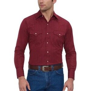 Ely Cattleman Pearl Snap Shirt L/S Striped‎ Mens Size 16.5 x 34 Burgundy Red
